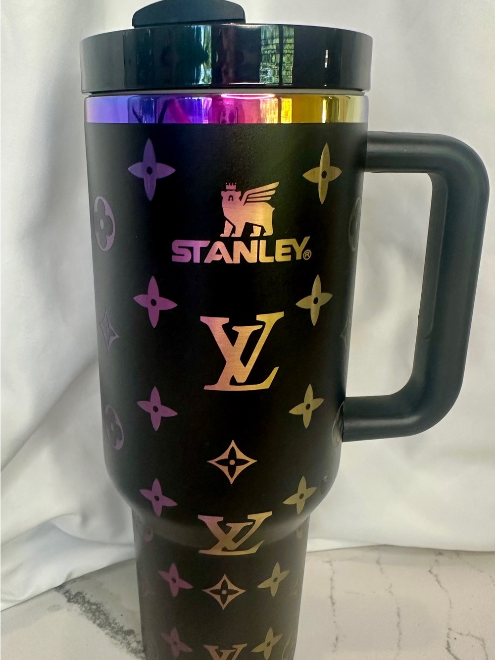 Black LV Style Stanley 40oz      Oil Slick Rim Laser Engraved  New W/Box & Straw